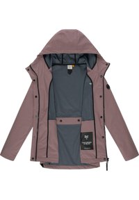 Veste imperméable mauve clair avec une capuche, présentant un intérieur gris, des zips et des boutons pression. Comprend des poches et une étiquette à l'intérieur.