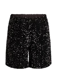 Pantaloni corti neri con paillettes, dotati di vita elastica, superficie texturizzata e taglio dritto, ricoperti di paillettes rotonde lucide.