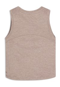 Αμάνικο τοπ σε ανοιχτό μπεζ ύφασμα με διακριτική υφή μελανζέ. Στρογγυλή λαιμόκοψη και καμπυλωτό τελείωμα· διαθέτει ενισχυμένα ράμματα.