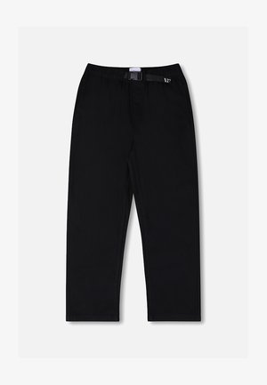 Svarte bukser med elastisk midjebånd og justerbart belte. Laget av glatt stoff, de har rette ben og ingen fremtredende mønstre.