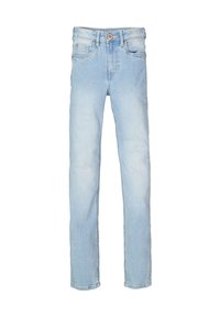 Hellblaue Denim-Jeans mit geradem Bein, fünf Taschen und Knopfverschluss. Verwaschene Optik ohne sichtbare Muster oder Akzente.