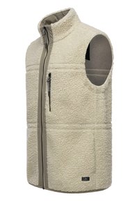 Fleece-Weste in Creme mit hohem Kragen, seitlichem Reißverschlussfach und glattem beigen Besatz. Hat eine strukturierte Außenseite und offene Armöffnungen.