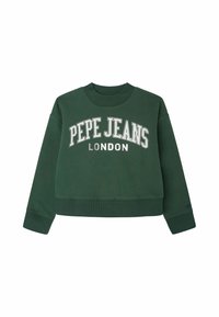 Felpa verde corta realizzata in tessuto morbido. Presenta la scritta bianca e metallica "PEPE JEANS LONDON" sul davanti, polsini e orlo a costine.