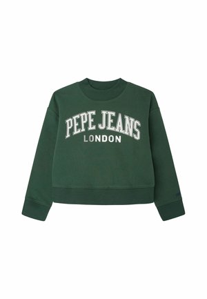Sudadera corta verde hecha de un tejido suave. Presenta letras blancas y metálicas "PEPE JEANS LONDON" en la parte frontal, puños acanalados y dobladillo.