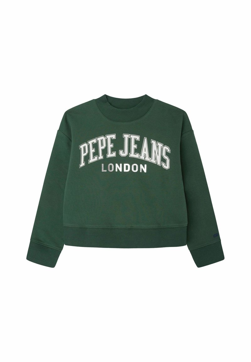 Felpa verde corta realizzata in tessuto morbido. Presenta la scritta bianca e metallica "PEPE JEANS LONDON" sul davanti, polsini e orlo a costine.