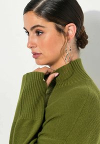 Pull en tricot vert olive avec un col roulé côtelé et des manches longues. Boucles d'oreilles en argent torsadé ajoutent un contraste. Texture lisse et design ajusté.