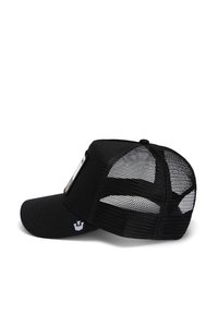 Schwarze Baseballkappe mit einem Netzrücken. Verfügt über einen gebogenen Schirm und ein Logopatch an der Seite. Das Material scheint leicht und atmungsaktiv zu sein.