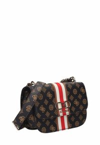 Borsa a tracolla sintetica nera con motivo logo dorato, accentata da strisce rosse e beige, hardware argentato e tracolla regolabile. Design compatto.