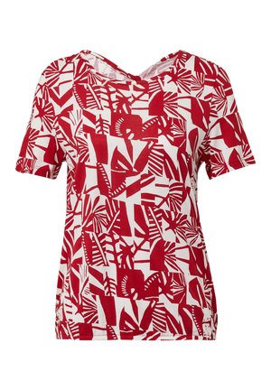 Rood en wit gestreept T-shirt met een V-hals, korte mouwen en een losse pasvorm; heeft abstracte bladerenpatronen en een textuurstof.