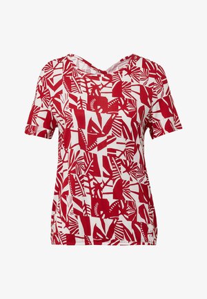 Rotes und weißes T-Shirt mit Muster, V-Ausschnitt, kurzen Ärmeln und lockerer Passform; verfügt über abstrakte Blattdesigns und strukturierten Stoff.