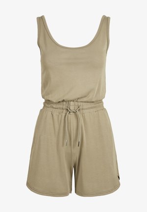 Mono corto de tirantes beige con escote redondeado, cintura elástica, detalle de cordón y piernas cortas. Fabricado con una tela suave y ligera.