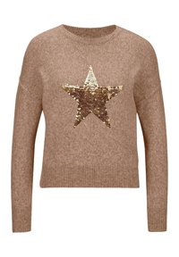 Ruskea neulepaita pyöreällä pääntiellä, jossa on keskellä kultainen paljetistä tähti ja resorit hihansuissa sekä helmassa.