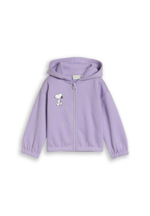 Liliowa bluza z kapturem na zamek błyskawiczny, z elastycznymi ściągaczami i małym białym rysunkiem Snoopy po lewej stronie na piersi.