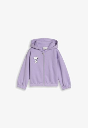 Fliederfarbener Kapuzen-Sweatshirt mit Reißverschluss, elastischen Bündchen und einem kleinen weißen Snoopy-Cartoon auf der linken Brust.