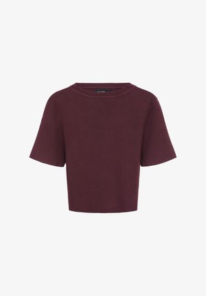 Top court en tricot côtelé à manches courtes, de couleur bordeaux profond, avec un col rond et une coupe décontractée.