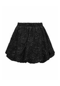 Črna krilo z reliefno cvetlično teksturo, elastičnim pasom, razširjenim krojem in dolžino do kolen. Lahka in gladka tkanina.