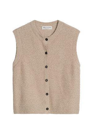 Beige gebreid mouwloos vest met een ronde hals, voorzien van een knoopsluiting aan de voorkant en een geribde zoom. Zachte textuur en eenvoudig ontwerp.