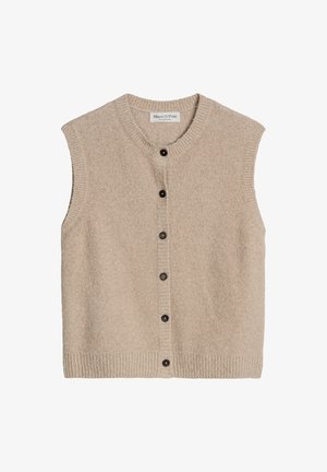 Beige gebreid mouwloos vest met een ronde hals, voorzien van een knoopsluiting aan de voorkant en een geribde zoom. Zachte textuur en eenvoudig ontwerp.