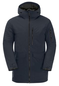 Giacca isolante blu navy con zip frontale, cappuccio, due tasche anteriori e una tasca sulla manica, caratterizzata da cerniere nere eleganti e una texture liscia.