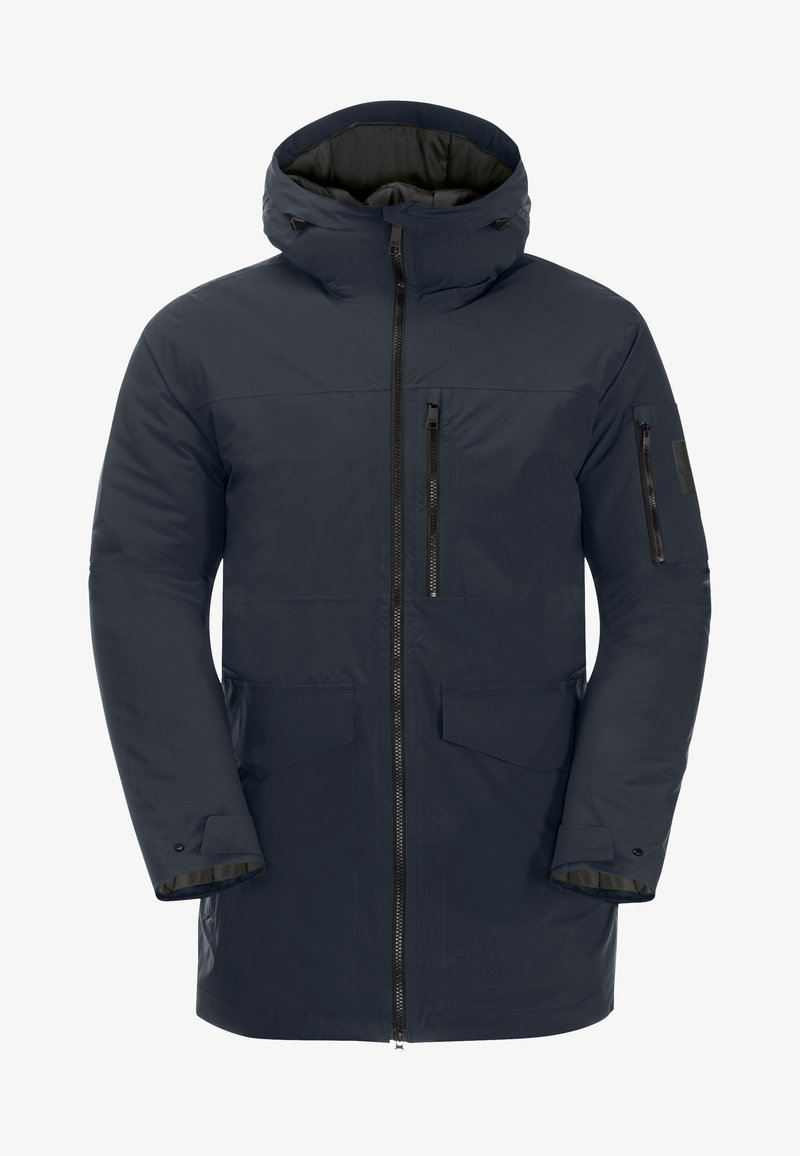 Navyblaue isolierte Jacke mit durchgehendem Reißverschluss, Kapuze, zwei Fronttaschen und einer Armtasche, ausgestattet mit eleganten schwarzen Reißverschlüssen und einer glatten Textur.