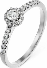 Diamant-Verlobungsring mit einem runden zentralen Stein, umgeben von kleineren Diamanten, eingearbeitet in einen polierten Silberring mit seitlichen Akzenten.