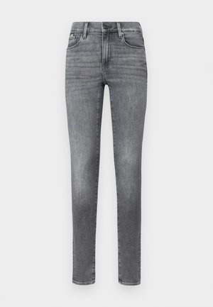 Gray denim jeans with a slim fit, featuring five pockets, a button fly, subtle whiskering, and a smooth texture.