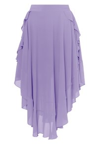 Lavendel gelaagde chiffon rok met een asymmetrische zoom, voorzien van zachte ruffles langs de zijkanten en een soepele, vloeiende textuur.