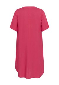 Pink, short-sleeved dress with a round neck, loose fit, knee-length, and side slits for ease of movement; smooth texture and solid color.