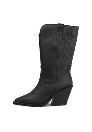 Bota vaquera de piel negra hasta la mitad de la pantorrilla con puntera puntiaguda, costuras decorativas, tira para tirar y tacón en bloque apilado y inclinado.