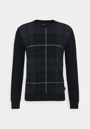 Zwarte trui met lange mouwen, blauw-wit geruit patroon aan de voorkant en effen zwarte mouwen, ronde hals.