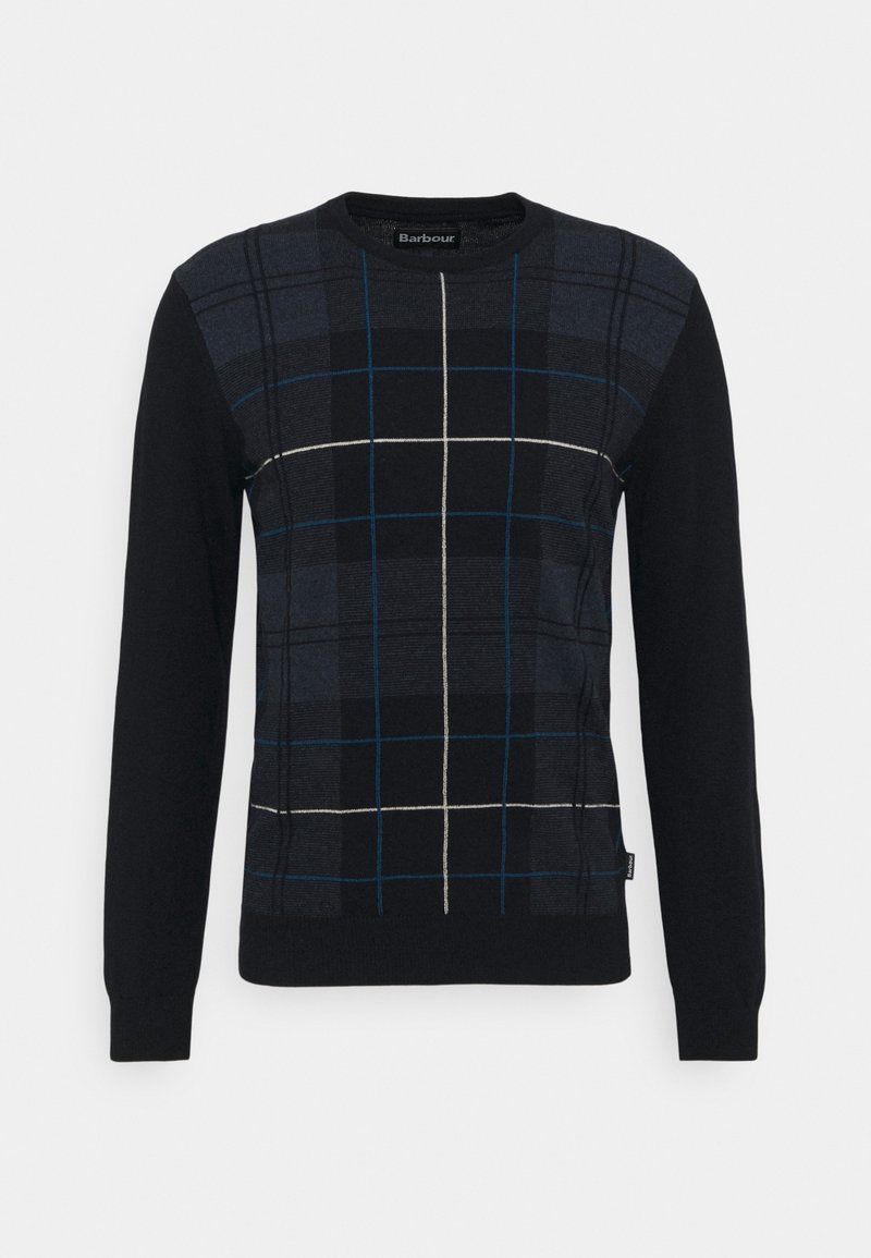 Pull noir à manches longues avec un motif à carreaux bleu et blanc sur le devant et des manches noires unies, col rond.