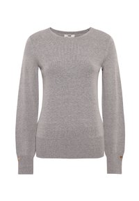 Hellgrauer Pullover aus weichem Strickmaterial, mit rundem Ausschnitt, langen Ärmeln und Knopfverzierungen an den Manschetten.