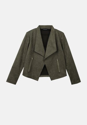 Oliven grønn faux suede-jakke med bred revers, lange ermer og to frontlommer med glidelås. Jevn tekstur og moderne design.