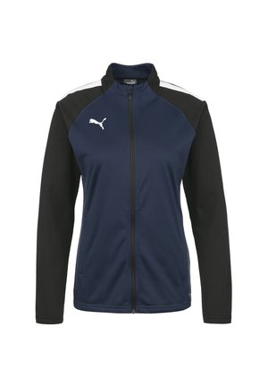 Marineblaue Jacke mit schwarzen Ärmeln, durchgehendem Reißverschluss, hohem Kragen und weißem Logo auf der linken Brust. Verfügt über Taschen an den Seiten. Glatte Textur.