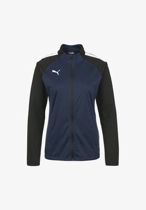 Giacca blu navy con maniche nere, chiusura con zip a tutta lunghezza, colletto alto e logo bianco sul lato sinistro del petto. Presenta tasche laterali. Tessuto liscio.