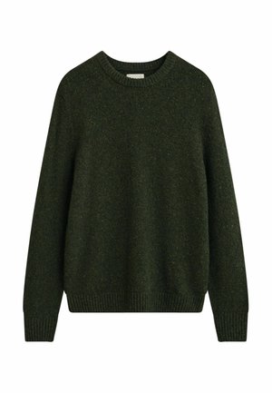 Maglione in lana verde scuro a collo rotondo con maniche lunghe, polsini e orlo a costine, esposto su uno sfondo bianco.