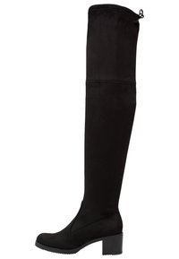 Bottes noires au-dessus du genou en tissu lisse avec un talon carré, présentant une coupe ajustée et un bout arrondi. Ouverture supérieure réglable.