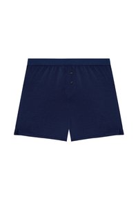 Námořnické modré boxerky vyrobené z měkkého materiálu, s knoflíkovým zapínáním a bočními rozparky pro pohodlí a volnost pohybu.