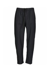 Pantaloni casual neri con vita elasticizzata e cordino, vestibilità dritta, tessuto liscio, senza tasche visibili o fantasie.