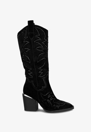 Botas vaqueras de ante negro con costuras decorativas y cuentas, puntera puntiaguda y tacón grueso de altura media.