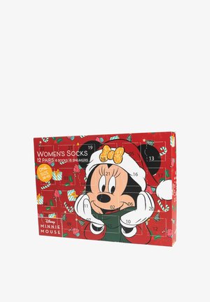 Red rectangular box with 24 numbered doors, featuring a cartoon character with large ears, wearing a Santa hat and scarf, with holiday motifs.