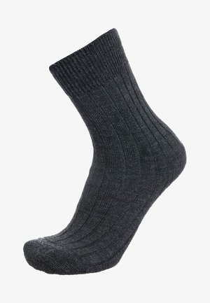 Dunkelgraue gestrickte Socke mit ribbeliger Textur, ausgestattet mit verstärktem Fersen und Zehen für Langlebigkeit. Knöchellanges Design.
