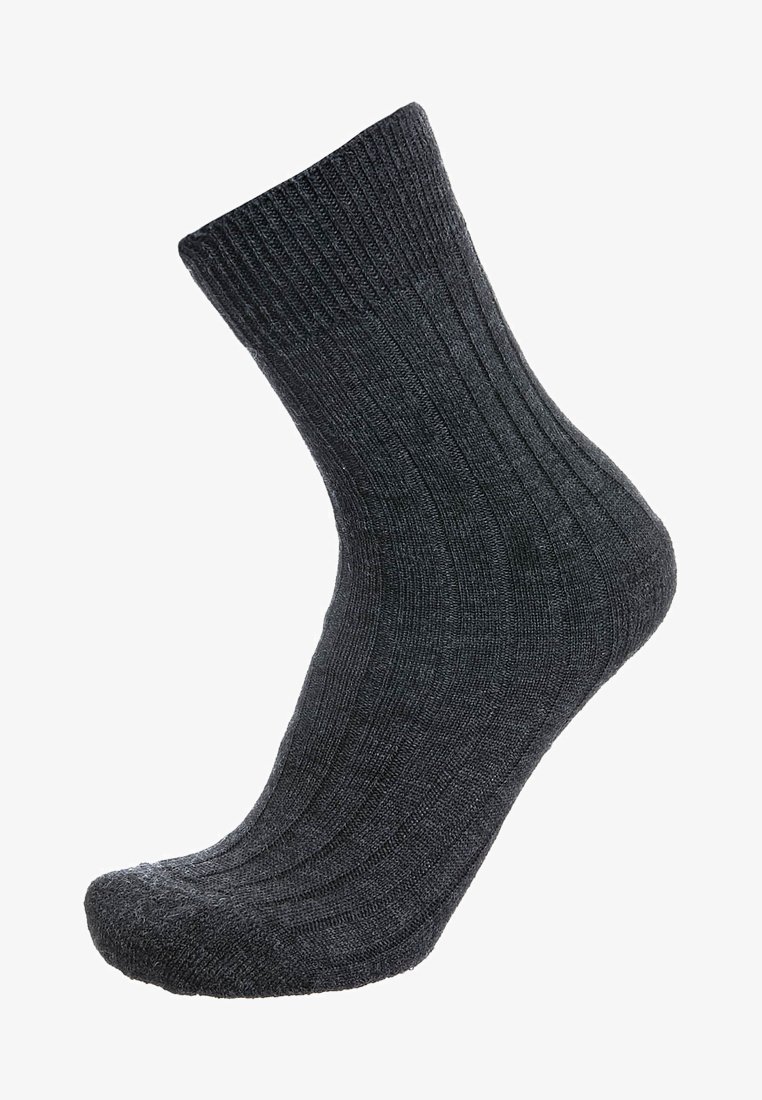 Calzino lavorato a maglia grigio scuro con una texture a costine, dotato di un tallone e una punta rinforzati per una maggiore durata. Design di lunghezza alla caviglia.