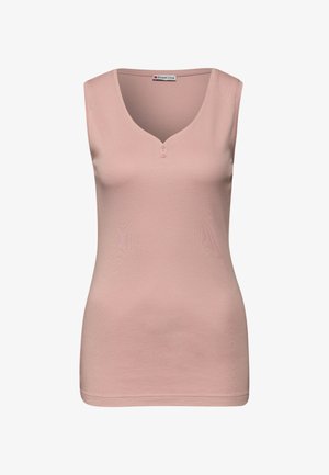 Top sin mangas de color rosa claro con escote en V, que presenta dos botones en el cuello y un diseño ajustado. Confeccionado en una tela suave y elástica.