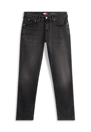 Čierne džínsy z úzkym strihom z denimu s piatimi vreckami, strieborným gombíkom na zapínanie a jemným vyblednutím na stehnách a kolenách, logo Tommy Hilfiger na malom vrecku.