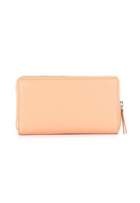 Peach-colored leather wallet with a smooth texture, rectangular shape, and zip closure. Features subtle stitching and a small zipper pull.