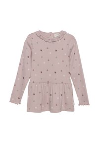 Langermet kjole i myk lys rosa stoff med en volangkrage og hjerte mønster i grønn, burgunder og hvit. Har en peplum-bunn.