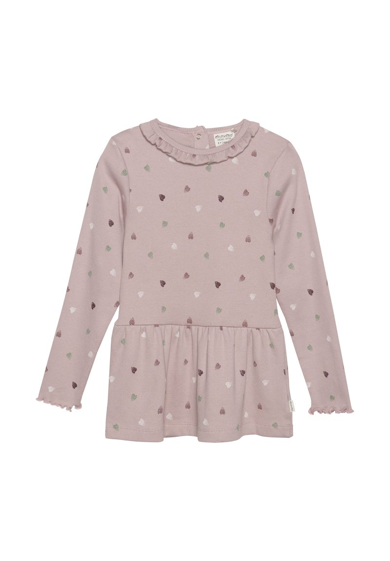 Langermet kjole i myk lys rosa stoff med en volangkrage og hjerte mønster i grønn, burgunder og hvit. Har en peplum-bunn.