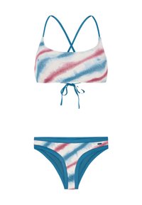 Bikini set s motivom tie-dye u plavoj, crvenoj i bijeloj boji, s krojenim topom i odgovarajućim donjim dijelom s niskim strukom. Teksturirana tkanina, podesive naramenice.