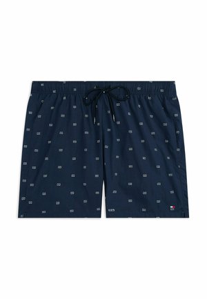 Granatowe szorty kąpielowe o luźnym kroju, z elastycznym pasem, sznurkiem do regulacji i małym kontrastowym wzorem geometrycznym na całej powierzchni. Posiadają boczne kieszenie.